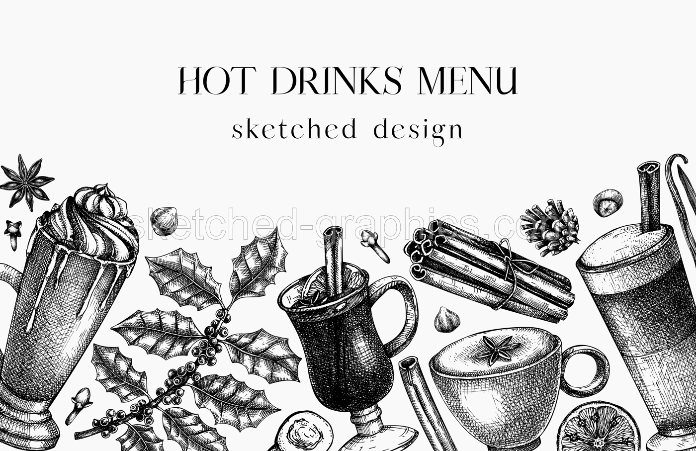 Hot drinks menu design. Mulled wine, coffee, hot chocolate vector sketches. Christmas design template. Winter drinks and spice frame template. Vintage food background. Christmas bar menu. Illustration